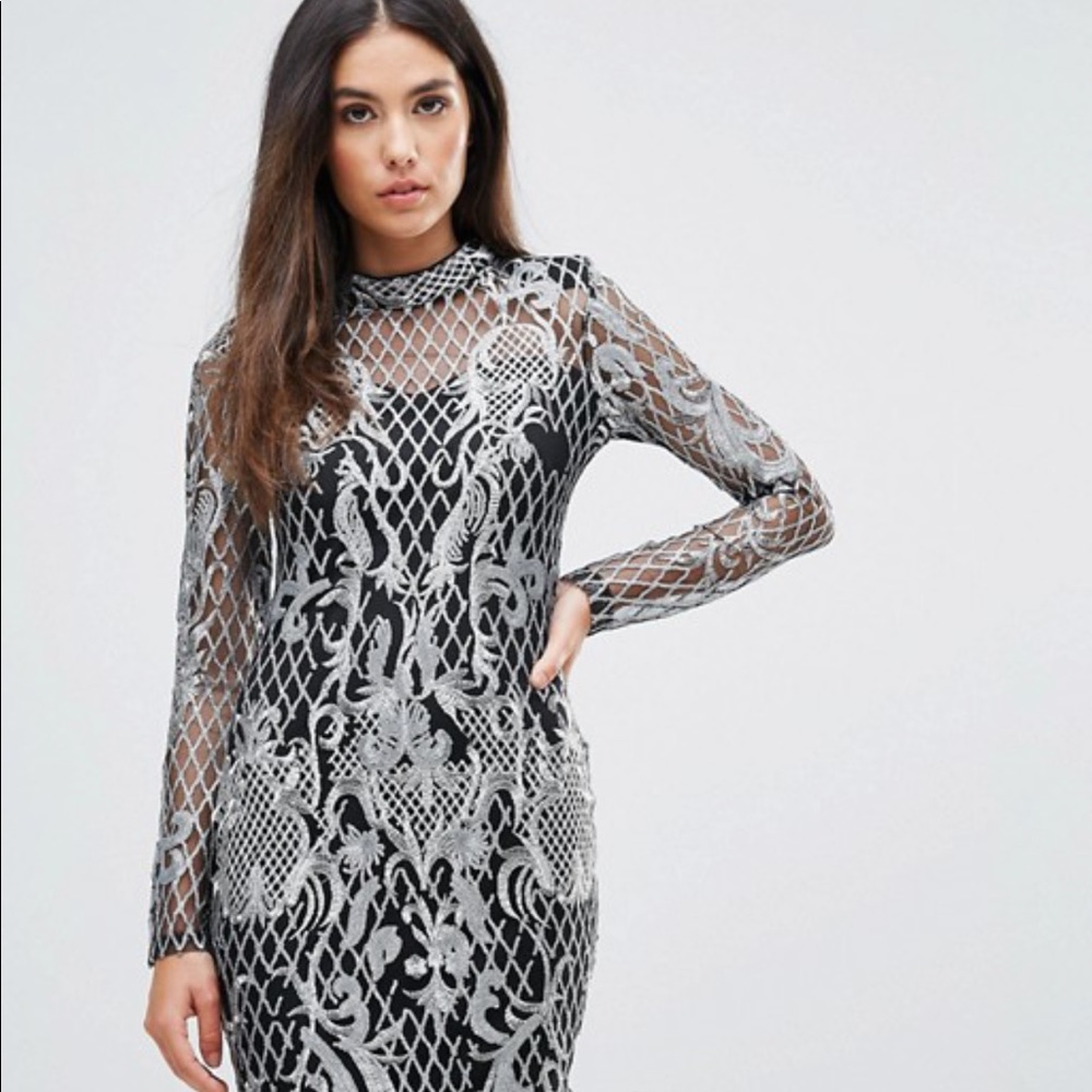 High Neck Sequin Embroidery Dress